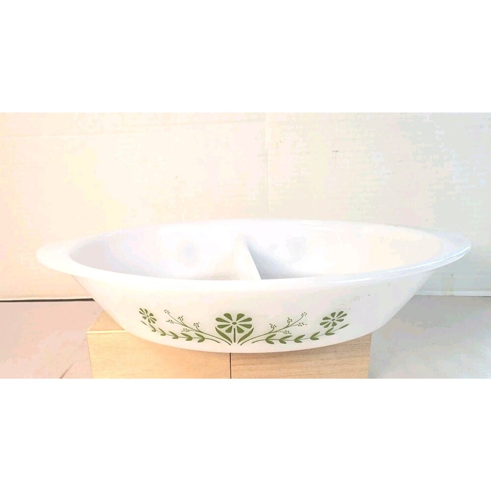 Vintage J2352 Divided Milk Glass Casserole Baking Dish Green Daisy